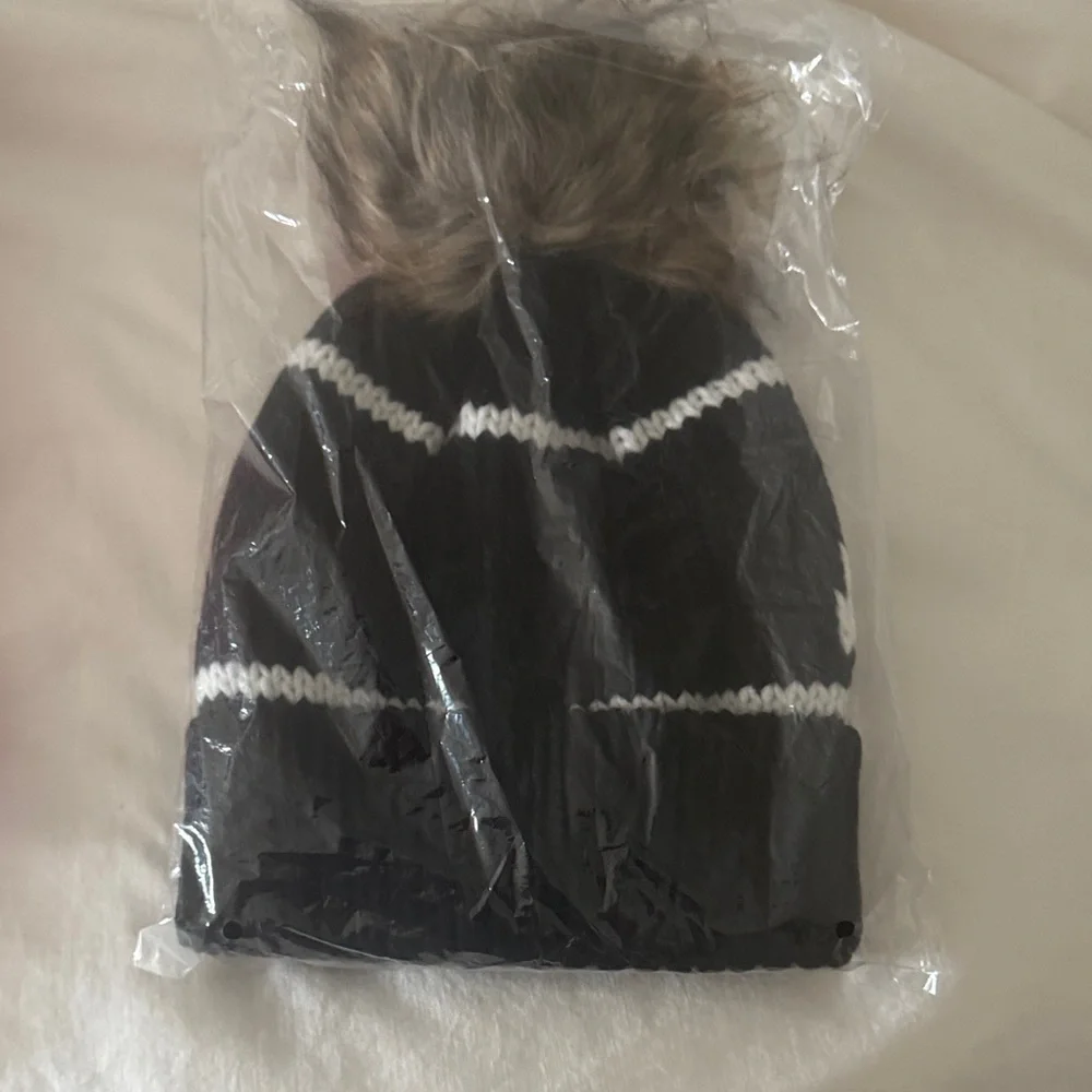 Black and White Pom-Pom Beanie - Picture 2 of 3